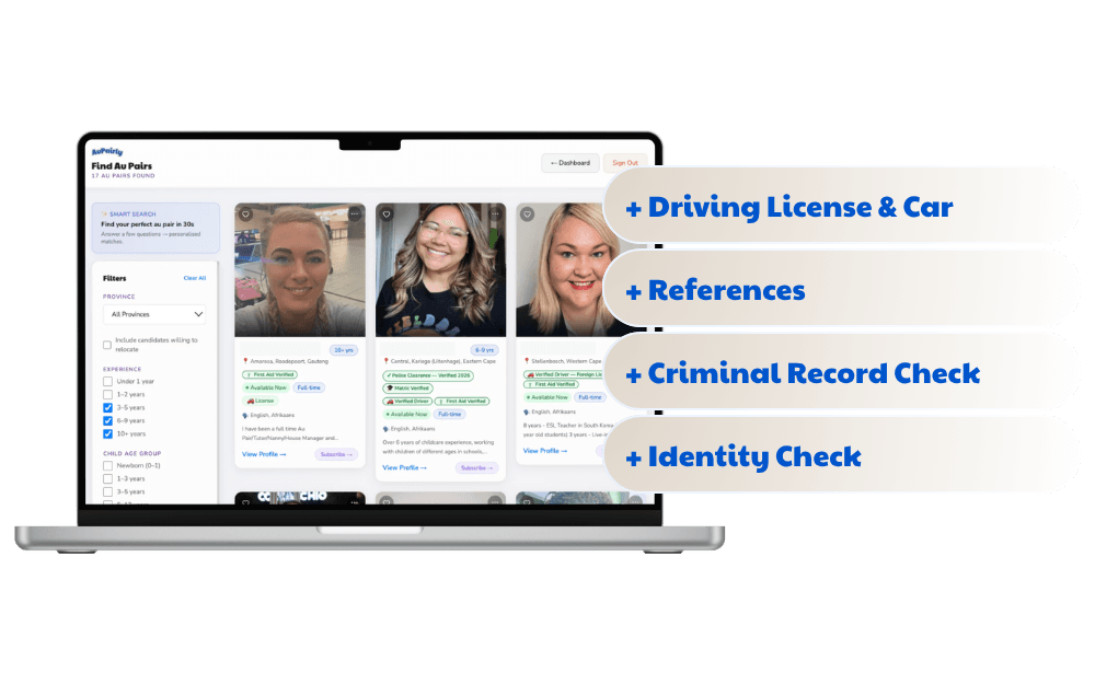 AuPairly family search interface on a laptop showing candidate cards with verified badges for driving licence, references, criminal record check, and identity verification